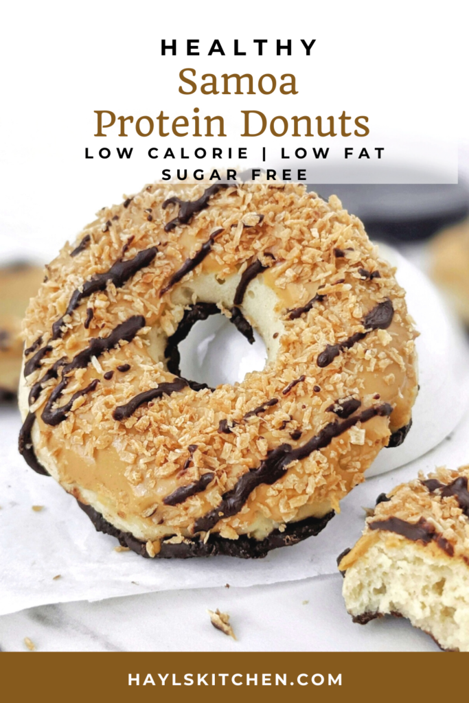 Unbelievably realistic copycat Samoa Protein Donuts with a protein powder doughnut, peanut butter caramel glaze, shredded coconut and sugar free chocolate. Girl scout Samoa cookie inspired protein donuts are healthy, sugar free and low calorie too!