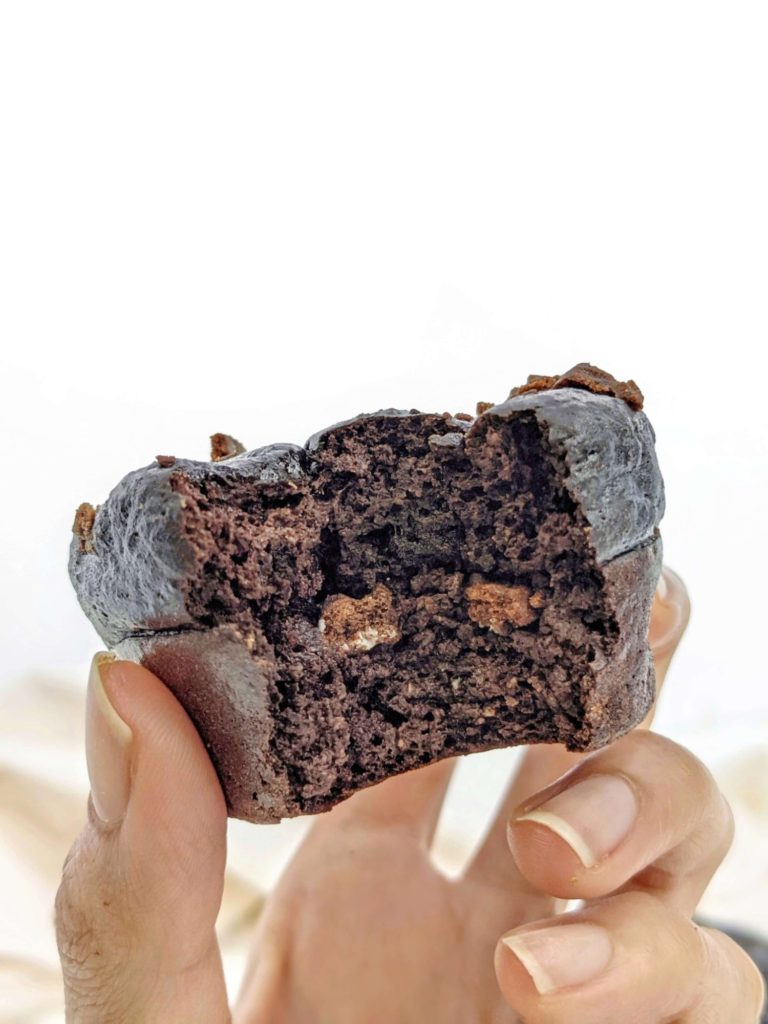 Double stuffed Oreo Protein Muffins with black cocoa and actual Oreo cookies inside. These cookies and cream protein muffins use chocolate protein powder, egg whites and Greek yogurt for a healthy, high protein, low fat and low calorie muffin recipe.