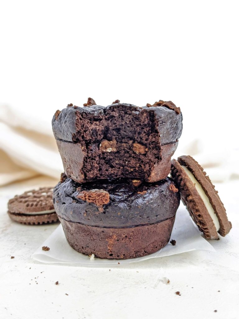 Double stuffed Oreo Protein Muffins with black cocoa and actual Oreo cookies inside. These cookies and cream protein muffins use chocolate protein powder, egg whites and Greek yogurt for a healthy, high protein, low fat and low calorie muffin recipe.