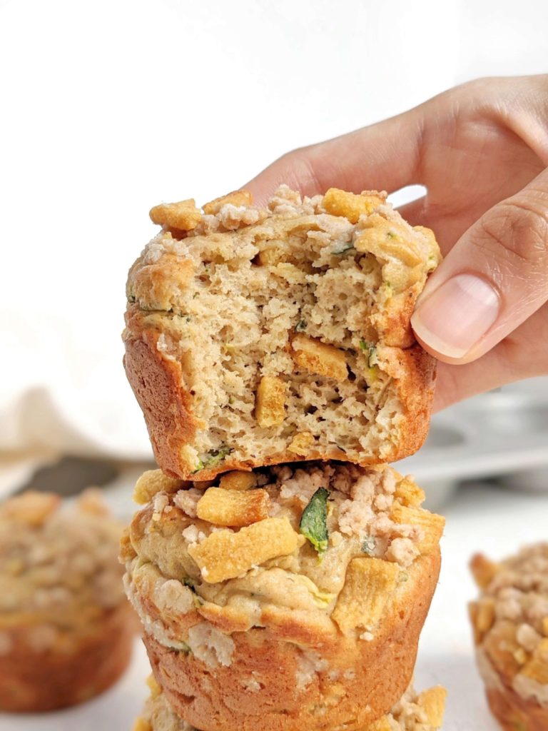 Just amazingly good Protein Zucchini Muffins topped with Cinnamon Crunch Streusel! These high protein cinnamon zucchini muffins use protein powder and Greek yogurt, have only a little oil and make a great healthy and low calorie zucchini recipe.