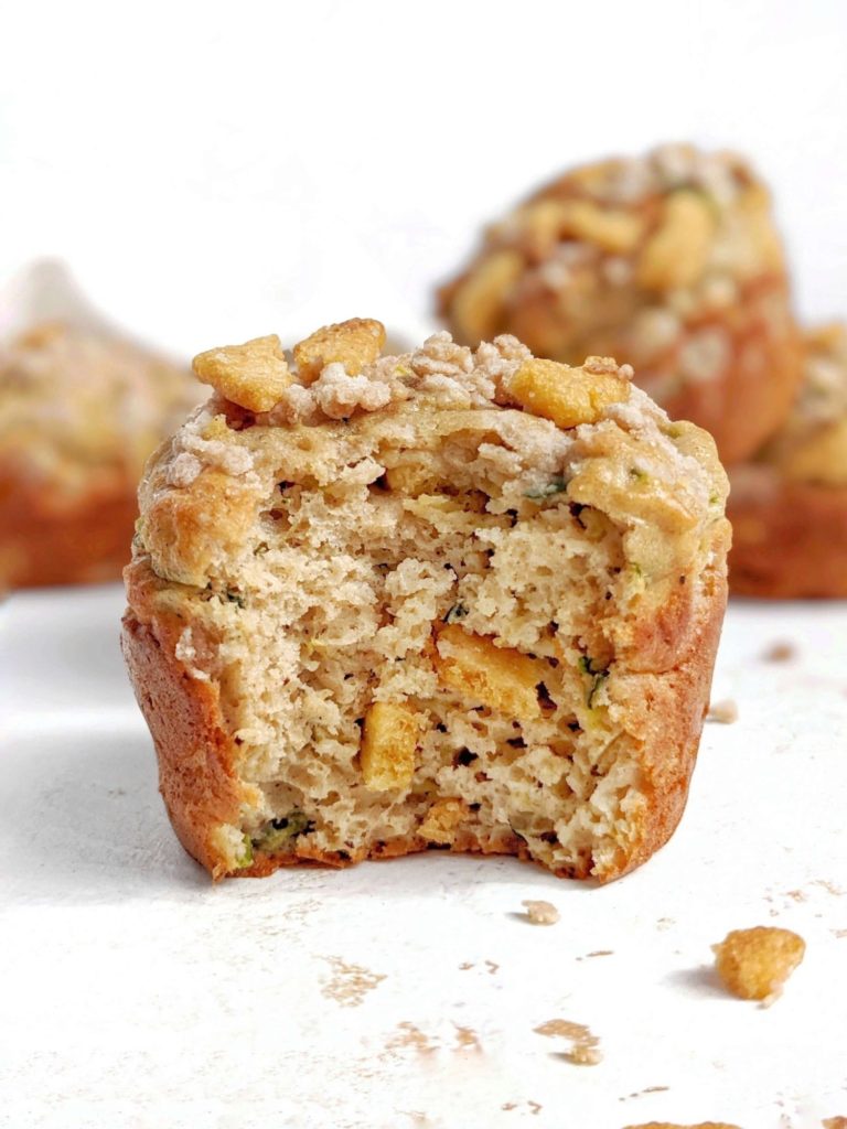 Just amazingly good Protein Zucchini Muffins topped with Cinnamon Crunch Streusel! These high protein cinnamon zucchini muffins use protein powder and Greek yogurt, have only a little oil and make a great healthy and low calorie zucchini recipe.