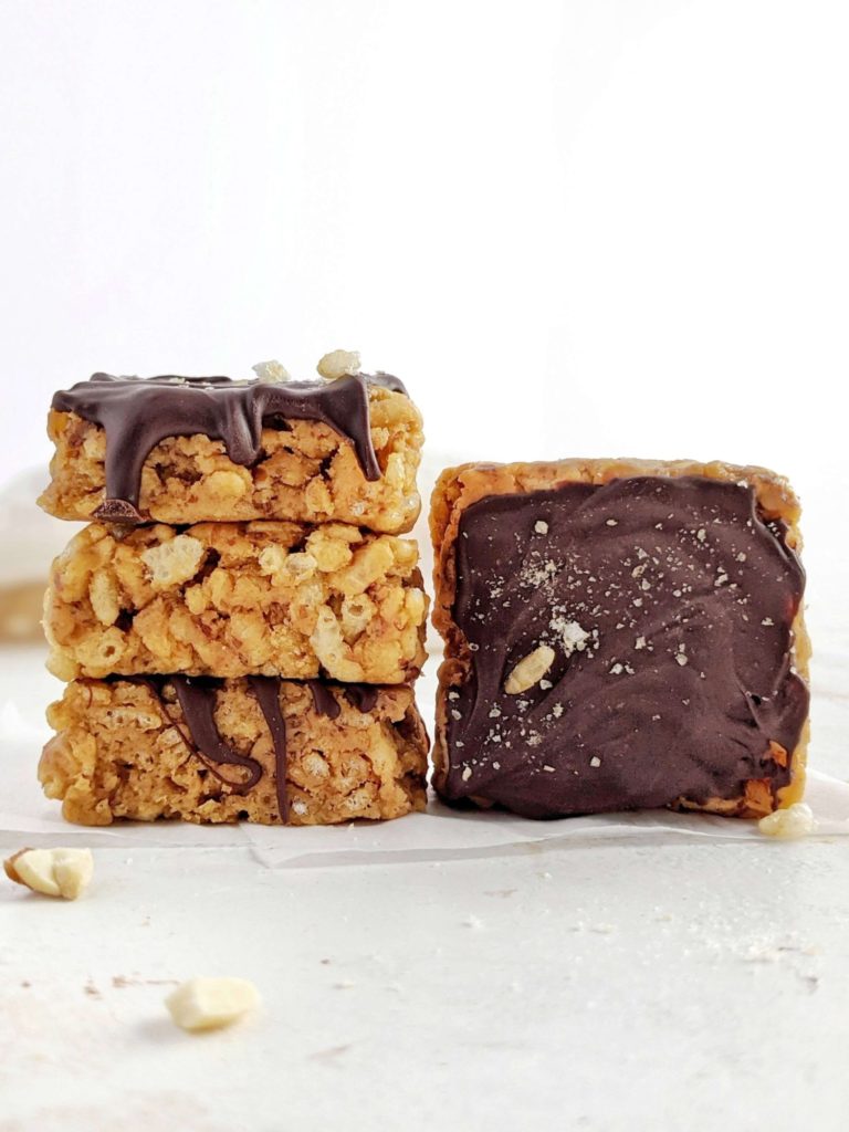 Amazingly soft and chewy Peanut Butter Protein Rice Krispie Treats but healthy and sugar free! These protein powder rice crispy treats use peanut butter and peanut butter powder for that amazing flavor and have no marshmallows.