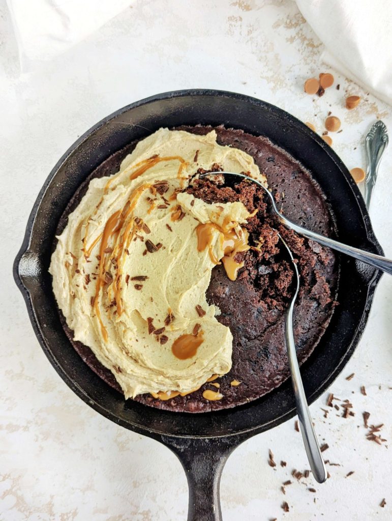 Amazing Chocolate Protein Skillet Cake with a protein peanut butter frosting! This healthy and low calorie chocolate skillet cake uses protein powder and has no sugar, oil or eggs!