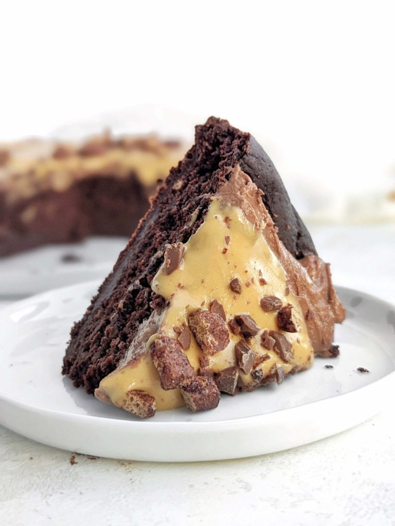 Rich and indulgent Chocolate Caramel Protein Cake with a high-protein chocolate cake, frosting and caramel too! Healthy and easy chocolate caramel cake uses protein powder for sweetener and is sugar free and low fat too.