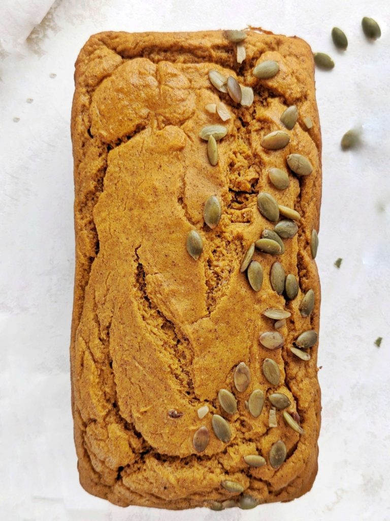 A delicious Protein Pumpkin Bread with whole wheat flour, protein powder and no oil or butter. East and healthy protein powder pumpkin bread with no sugar either; A great high protein post-workout treat or pumpkin spice breakfast!