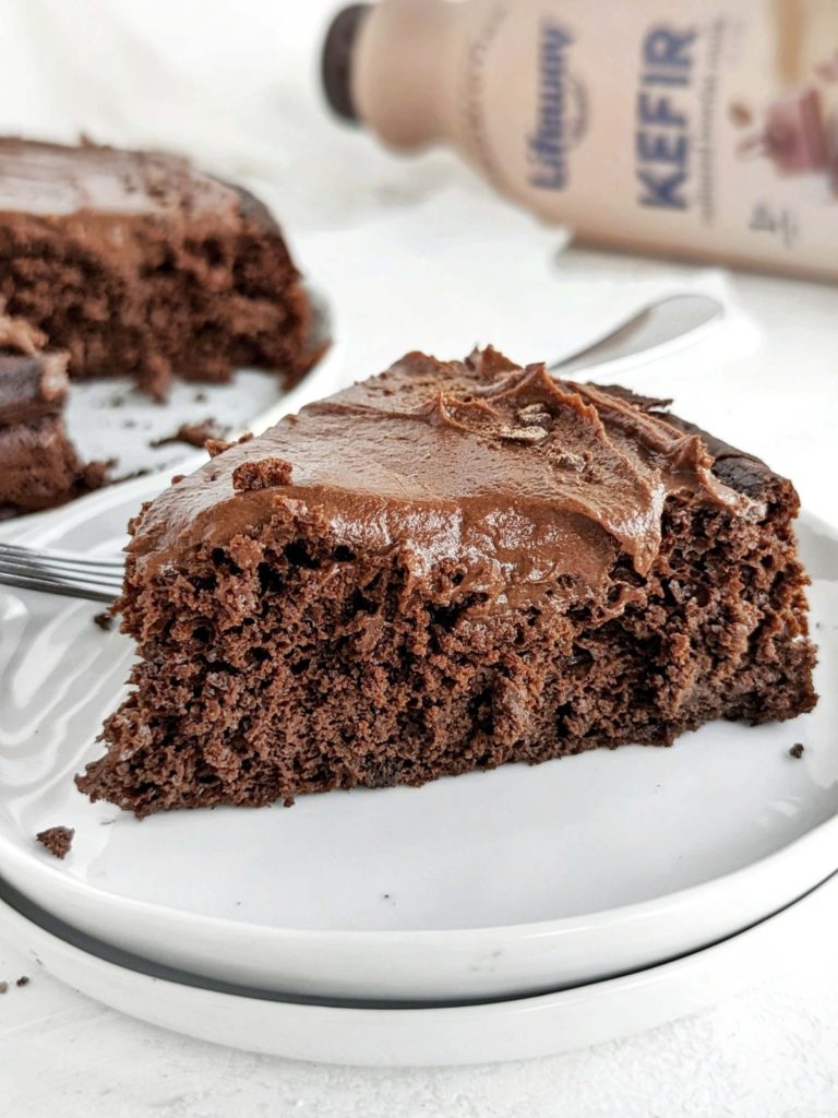 Rich and moist but Healthy Kefir Chocolate Cake for an easy dessert recipe. Kefir chocolate cake uses protein powder for sweetener, and has no sugar or butter either!