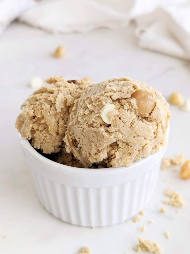 White Chocolate Macadamia Protein Cookie Dough is hard to beat - a quick, easy and healthy no-bake recipe that’s gluten free and sugar free!