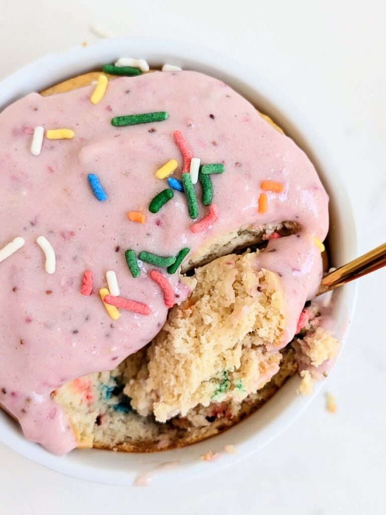 Celebrate your birthday in style with a guilt-free Single Serve Protein Birthday Cake! Funfetti Mug Cake is low sugar, low fat and has 52g protein!