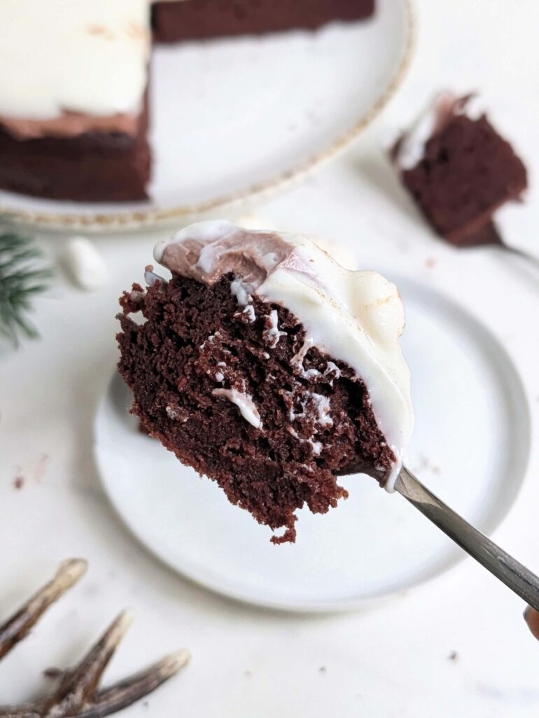 Ultimate hot cocoa vibes in this Chocolate Marshmallow Protein Cake, but healthy! Chocolate cake with a chocolate frosting and marshmallow topping is low sugar, low fat, low calorie and high protein and is like eating a slice of hot chocolate!