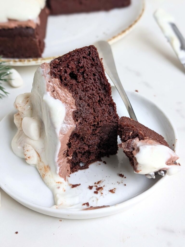 Ultimate hot cocoa vibes in this Chocolate Marshmallow Protein Cake, but healthy! Chocolate cake with a chocolate frosting and marshmallow topping is low sugar, low fat, low calorie and high protein and is like eating a slice of hot chocolate!