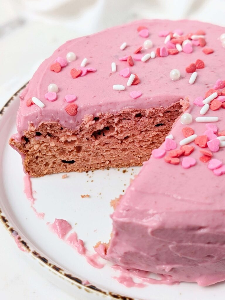 This Pink Velvet Protein Cake is a healthy, high-protein, low-calorie, and sugar-free dessert made with beetroot and sweetened with protein powder. 