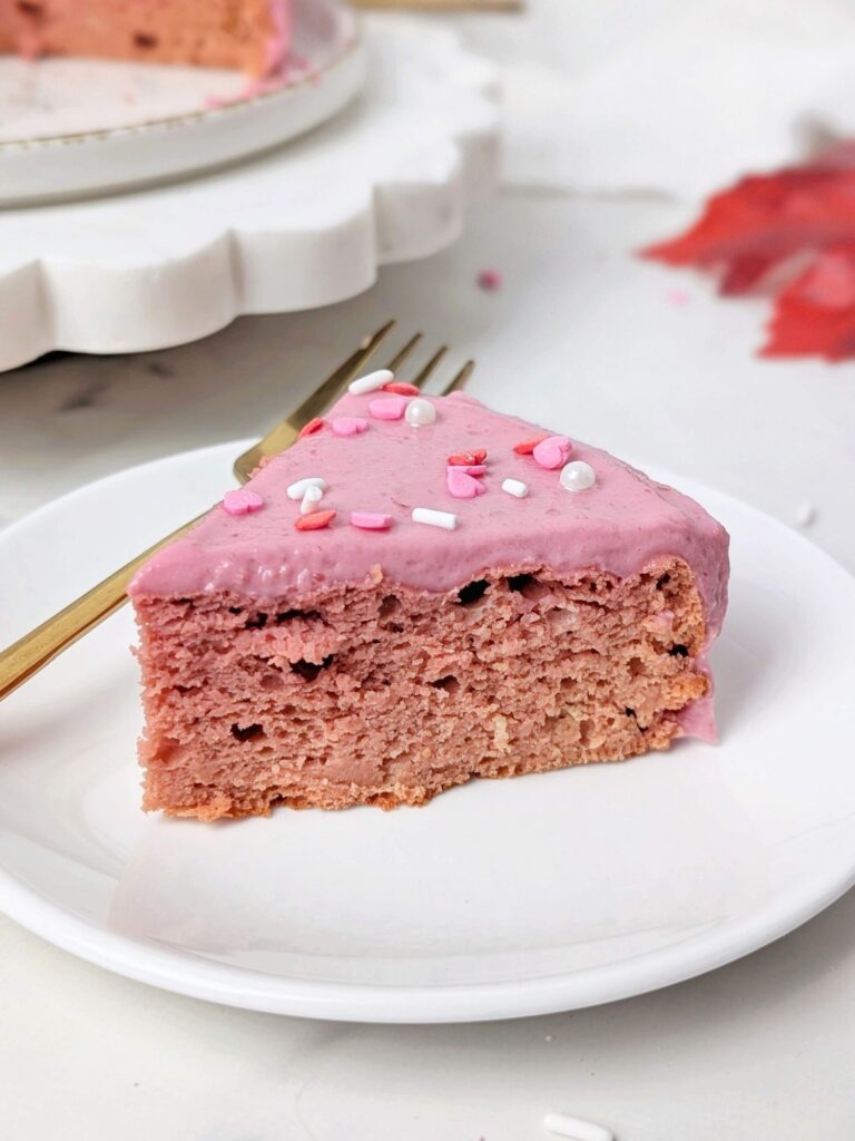 This Pink Velvet Protein Cake is a healthy, high-protein, low-calorie, and sugar-free dessert made with beetroot and sweetened with protein powder. 