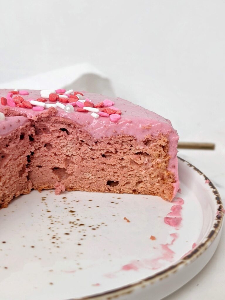 This Pink Velvet Protein Cake is a healthy, high-protein, low-calorie, and sugar-free dessert made with beetroot and sweetened with protein powder. 