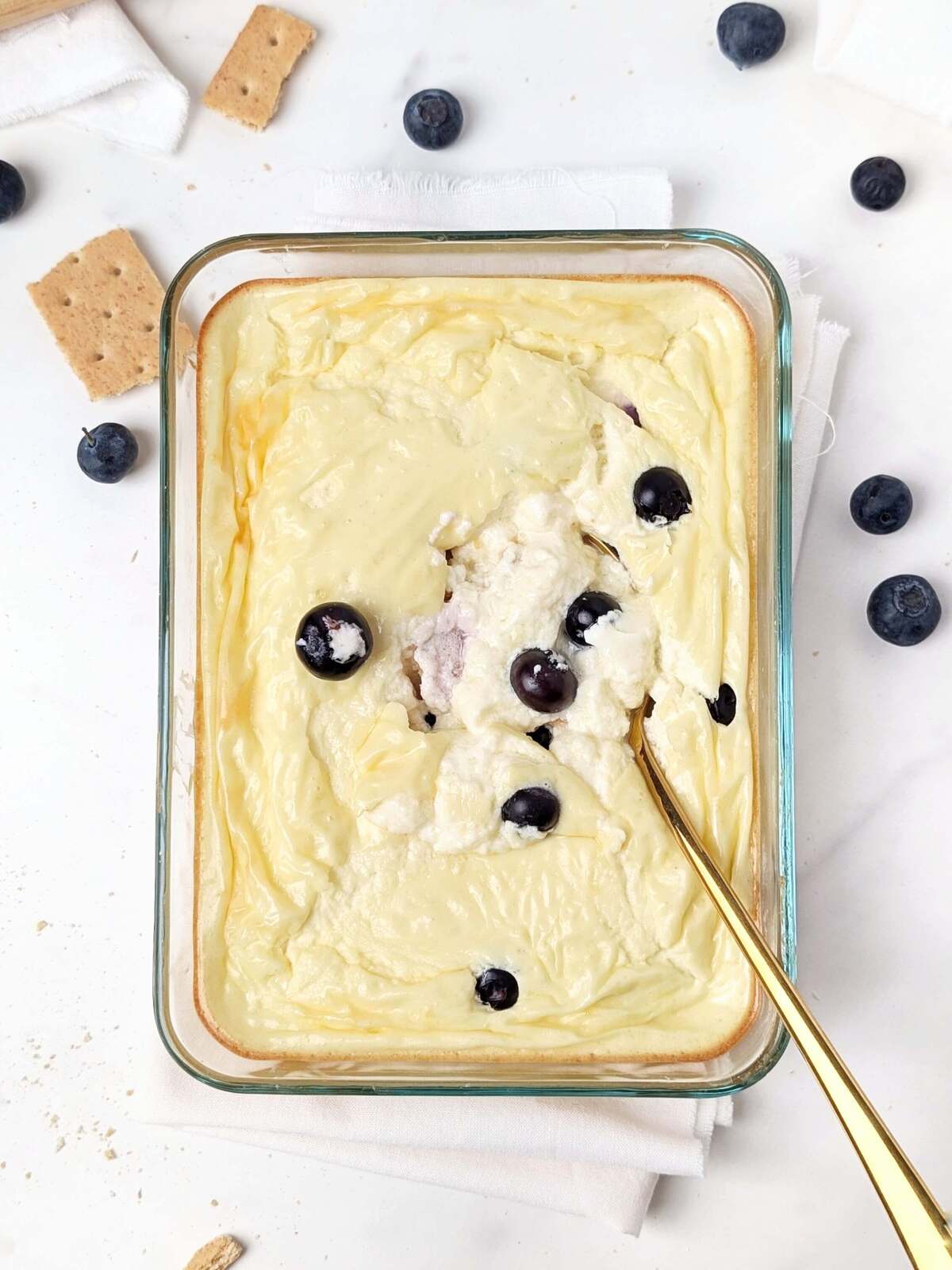 High Protein Blueberry Cottage Cheese Bake is a 5-ingredient, healthy, sugar-free dessert or breakfast! An easy recipe with protein from cottage cheese and protein powder; Perfect for meal prep too.