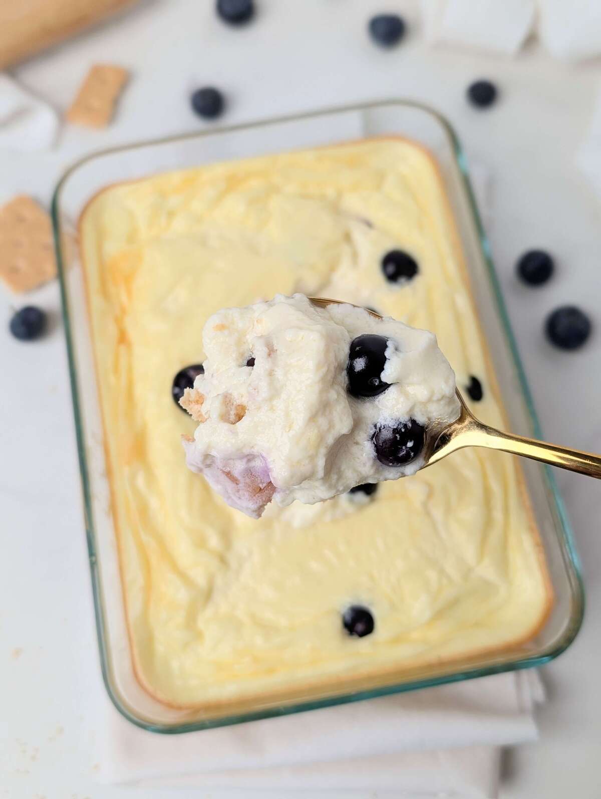 High Protein Blueberry Cottage Cheese Bake is a 5-ingredient, healthy, sugar-free dessert or breakfast! An easy recipe with protein from cottage cheese and protein powder; Perfect for meal prep too.